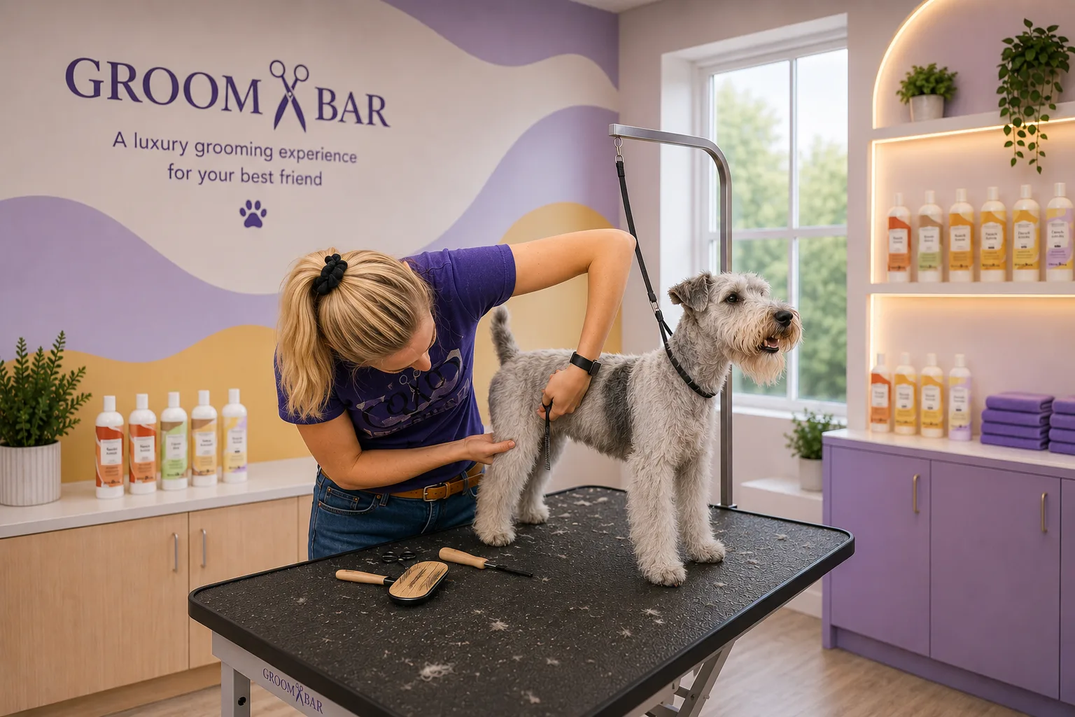Groomer hand-scissoring a terrier on a grooming table inside a Groombar salon