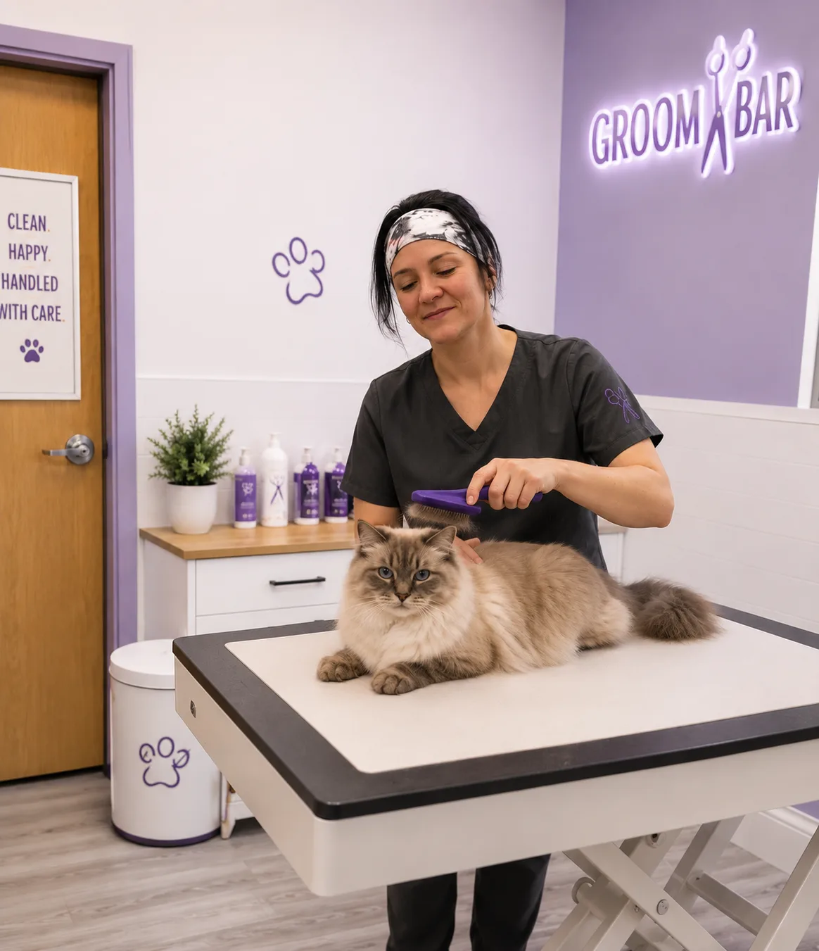 Groomer brushing a long-haired ragdoll cat on a Groombar grooming table