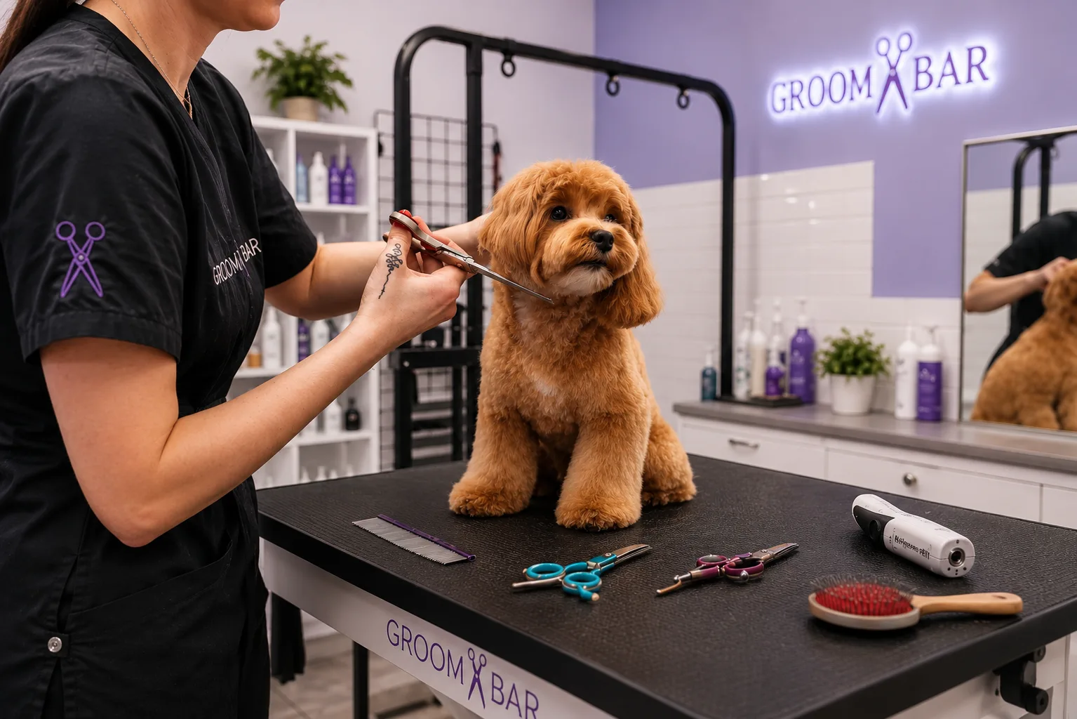 Groomer hand-scissoring a cavapoo's face on a branded Groombar table