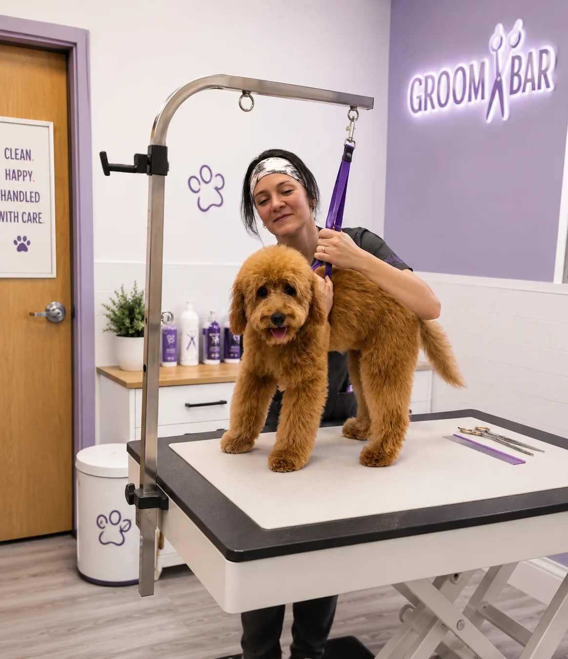 Groomer steadying a brown doodle on a hydraulic grooming table