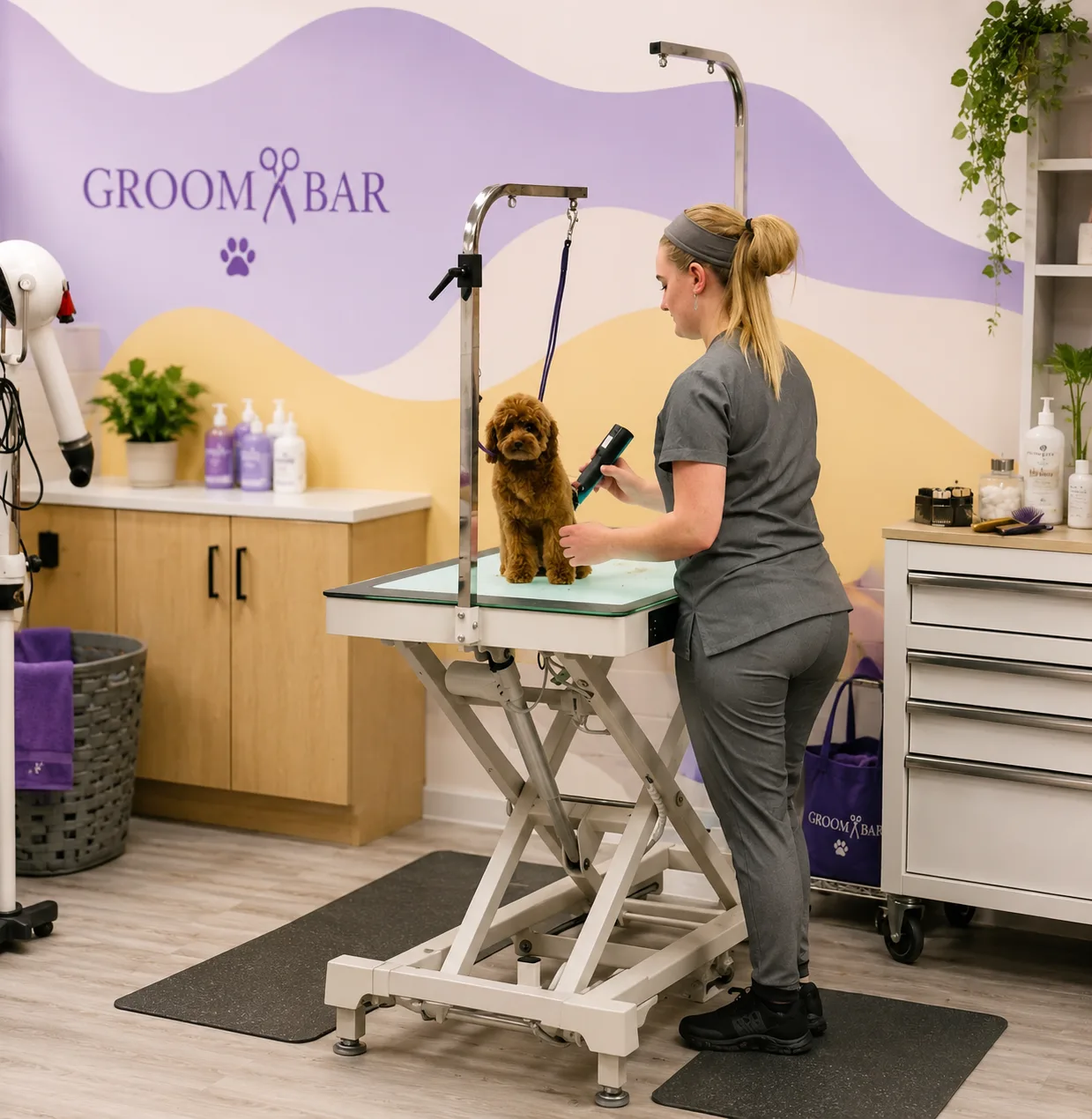 Groomer trimming a small brown doodle on a hydraulic table in front of the Groombar brand mural