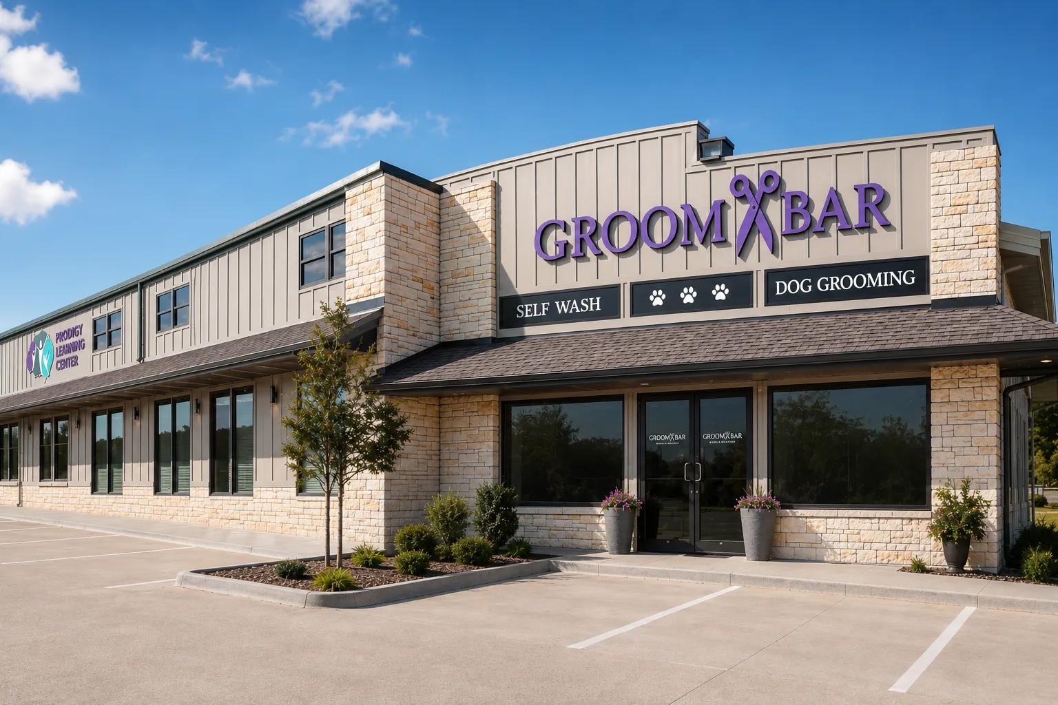 Groombar salon exterior in College Station, TX with stone facade and purple signage