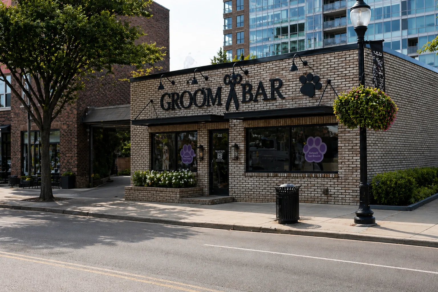 Groombar brick-and-mortar salon storefront with branded paw print signage