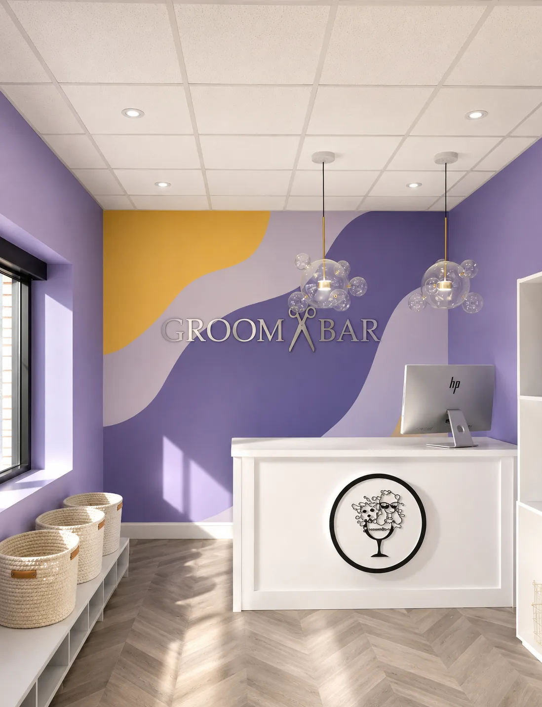 Groombar reception counter with branded signage and chevron floors