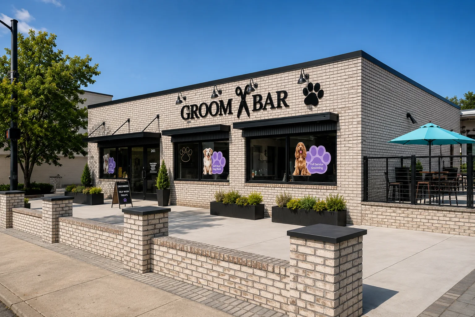 Groombar Fountain Inn brick exterior with branded window decals