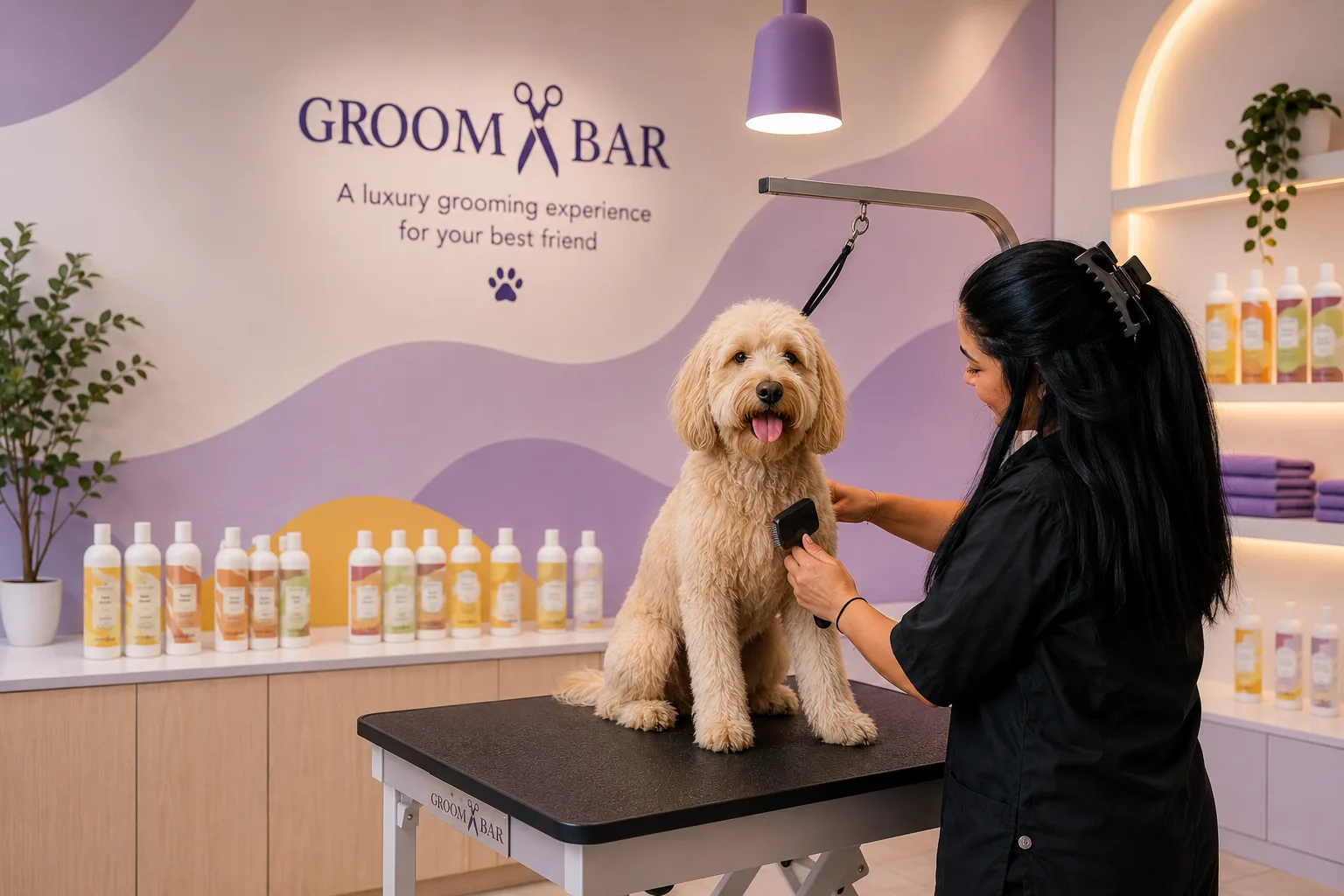 Groomer brushing out a goldendoodle in front of a branded mural and shampoo display