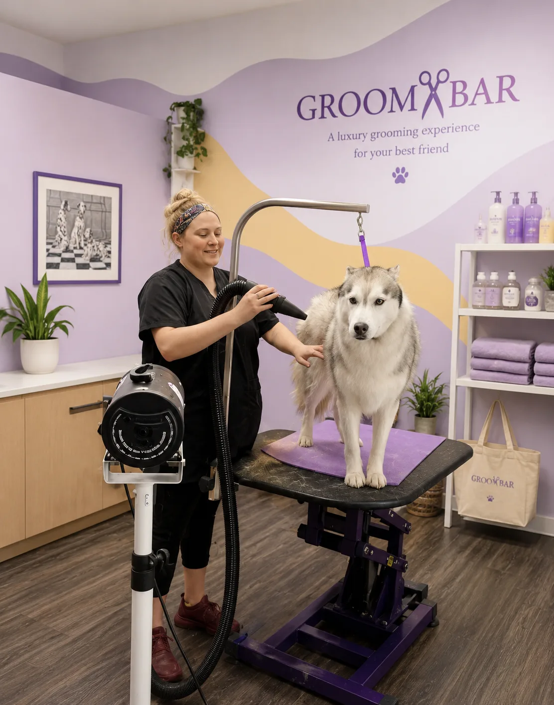 Groomer blow-drying a Siberian husky on a purple Groombar grooming table