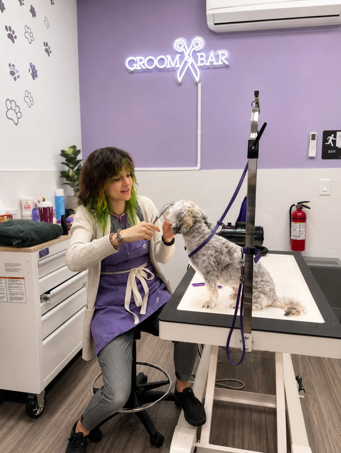 Groomer combing a small dog under the neon Groombar sign at the Matthews salon