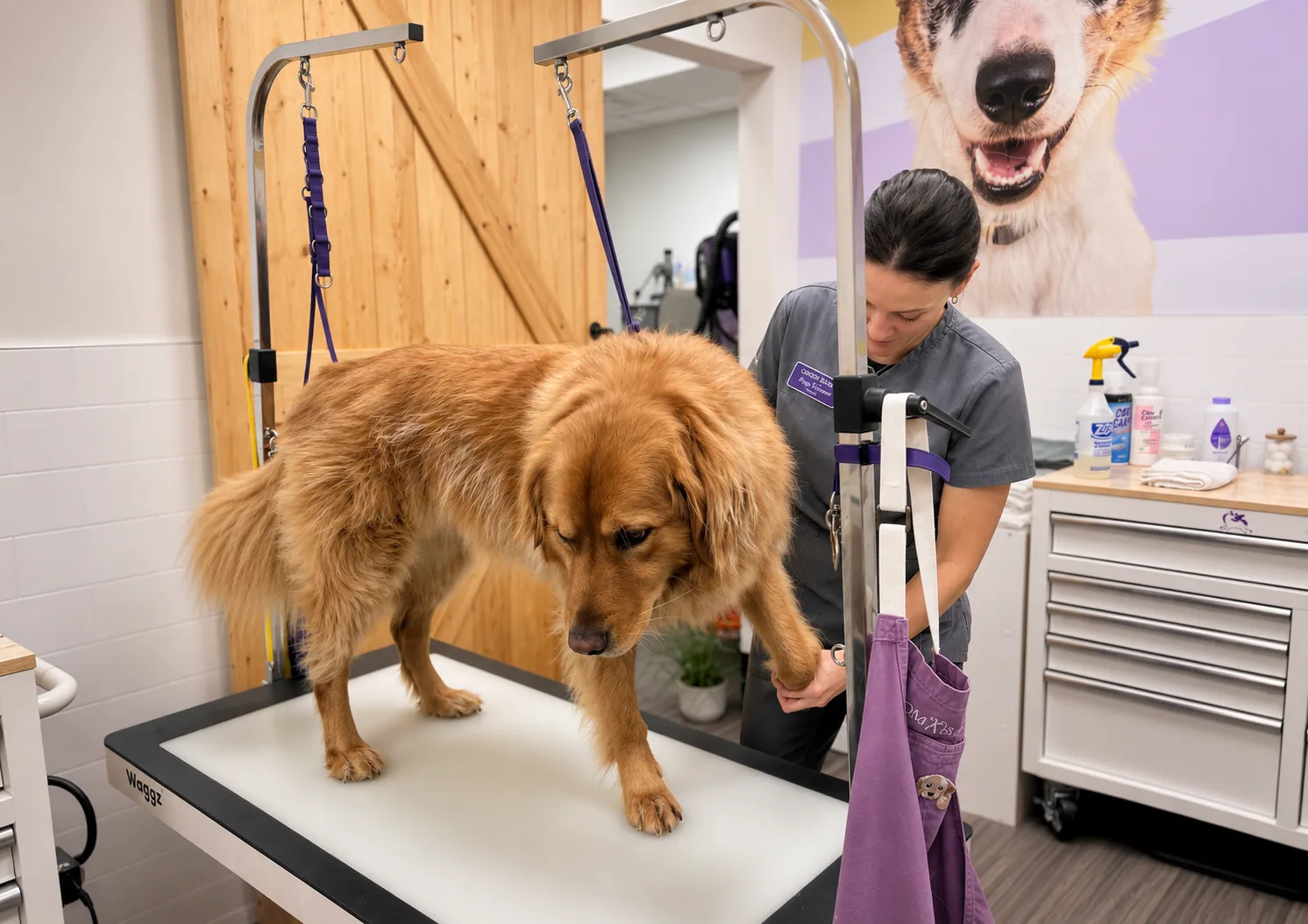 Groomer lifting the paw of a golden retriever on a grooming table at Groombar Matthews