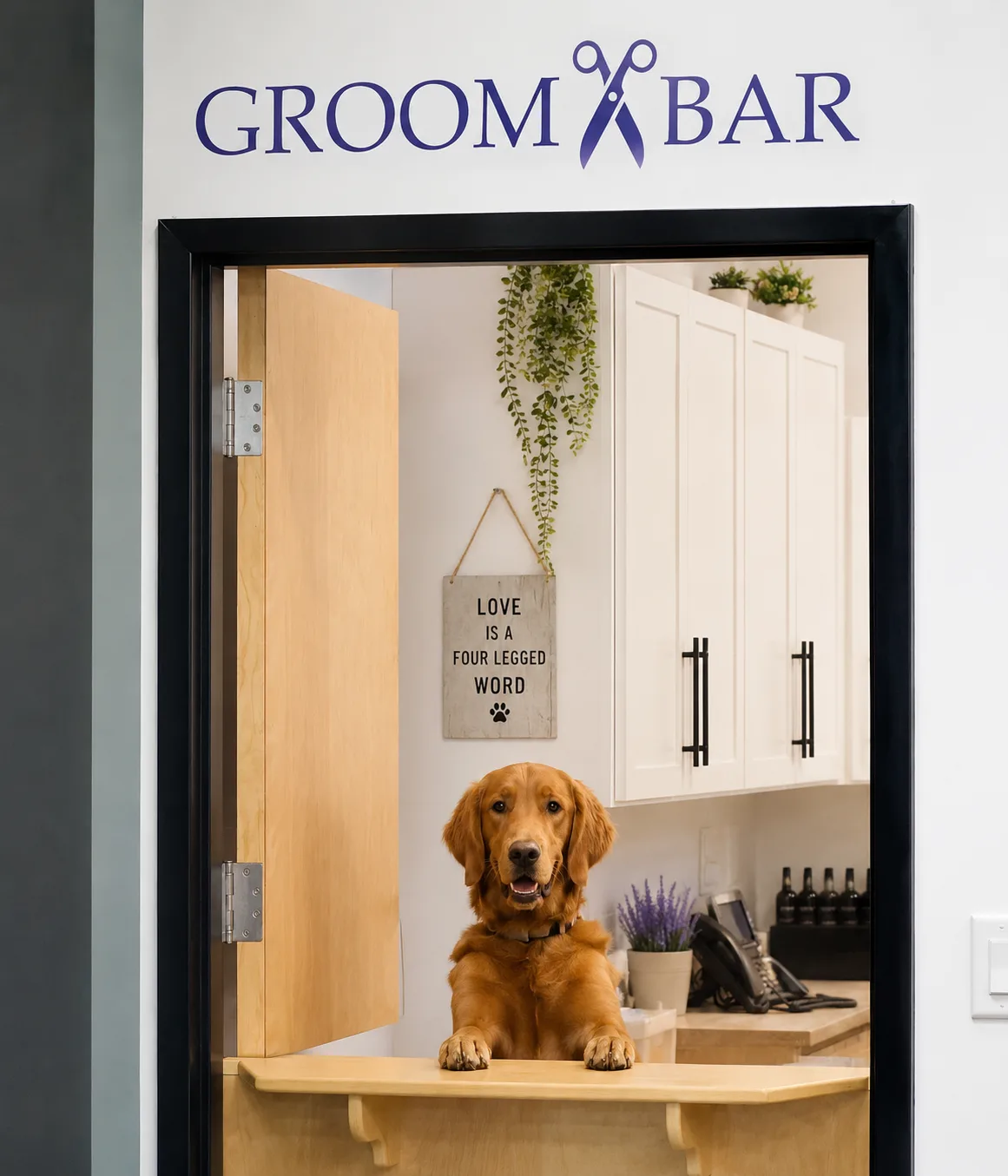 Golden retriever peeking over a Dutch pony door under the Groombar logo