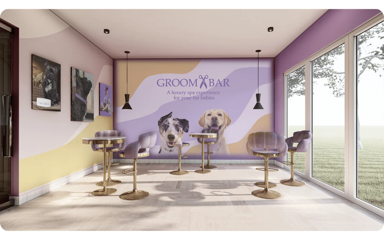Groombar salon lobby and pet nutrition retail space