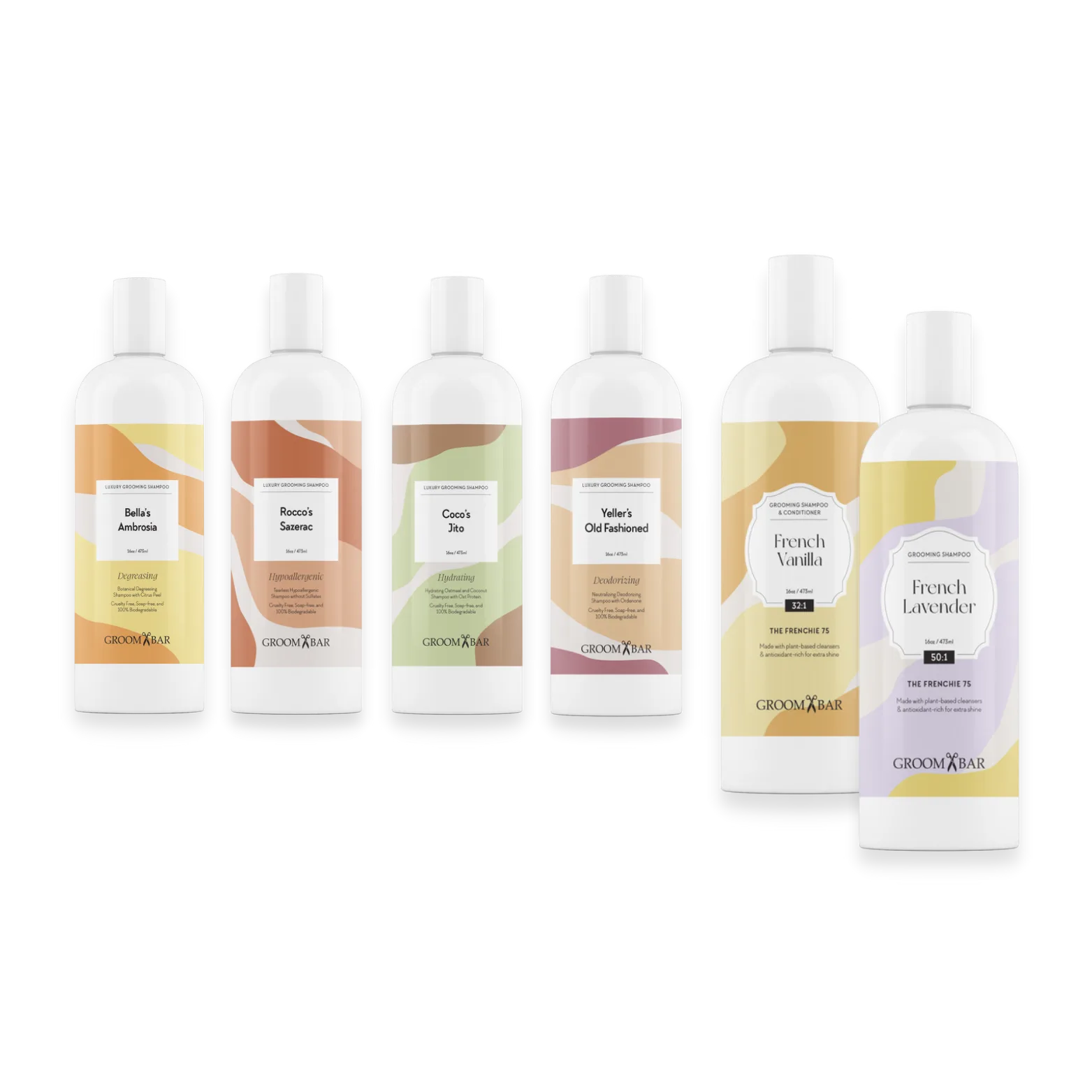 Full Groombar private-label shampoo lineup including Bella's Ambrosia, Rocco's Sazerac, Coco's Jito, Yeller's Old Fashioned, French Vanilla and French Lavender