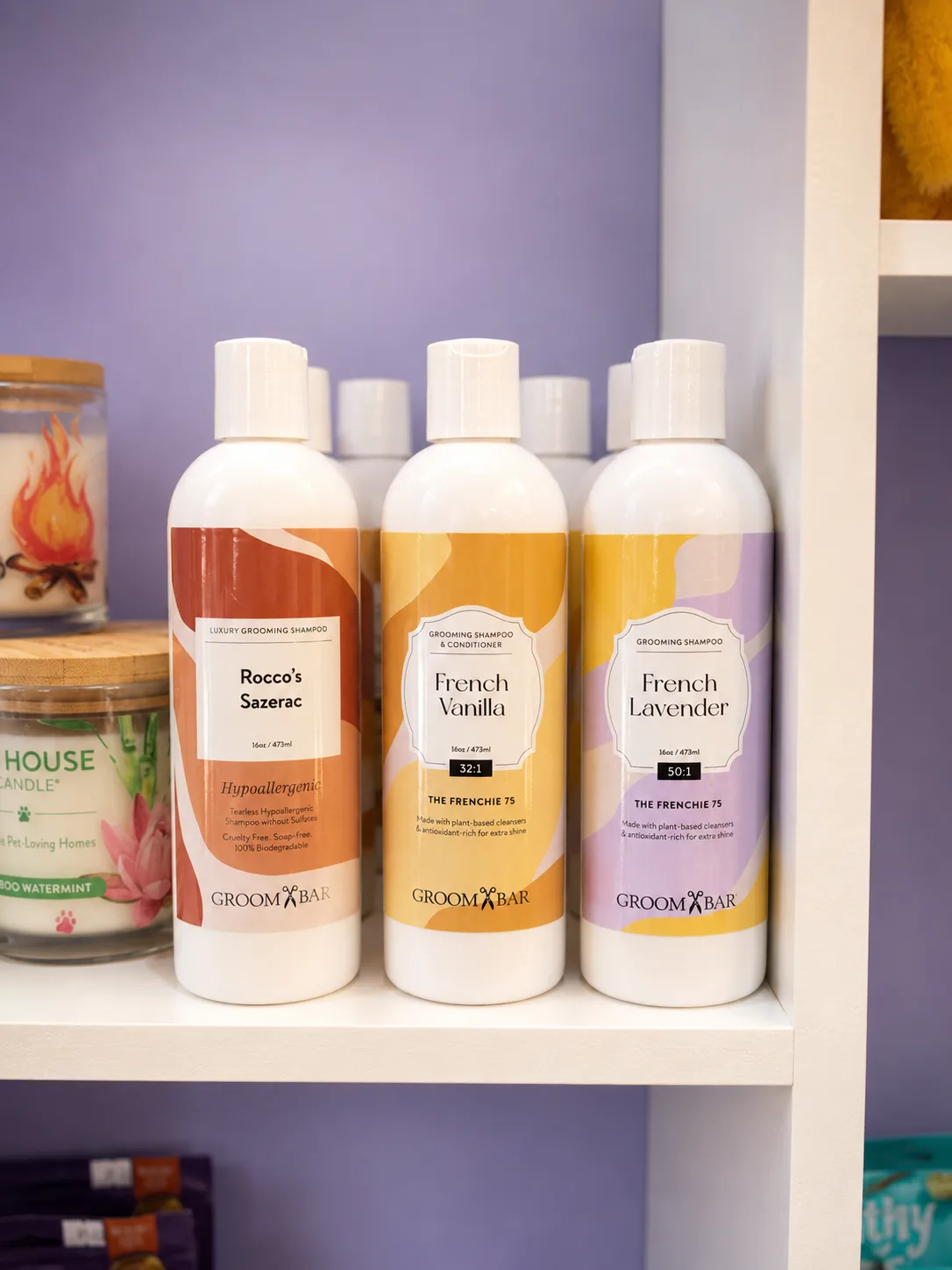 Groombar private-label luxury shampoos including Rocco's Sazerac, French Vanilla and French Lavender